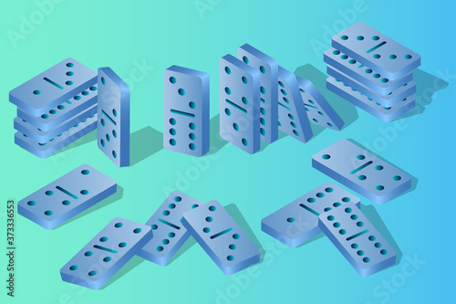 Domino.A set of differently placed dominoes on a blue-green background.You can use it as design elements.Isometric vector illustration.