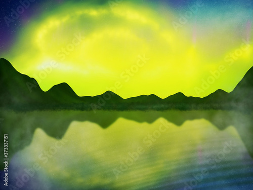 Aurora borealis beautiful polar lights in the mountains by the lake illustration. Aurora blue sky and a lot of star, astronomy background, Hand drawn illustration