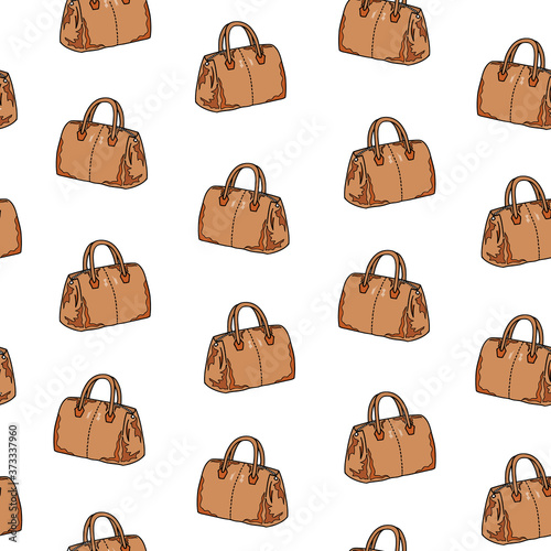 Seamless pattern of brown bag on a white background. Fashion wallpaper. Hand drawing. Vector illustration in cartoon style.