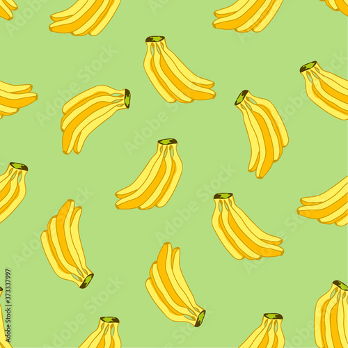 Bunch bananas seamless pattern on a green background. Fruit wallpaper. Hand drawing.