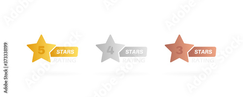 Stars label with different level of grade. Five, four and three stars rating. Customer product rating review. Modern vector illustration
