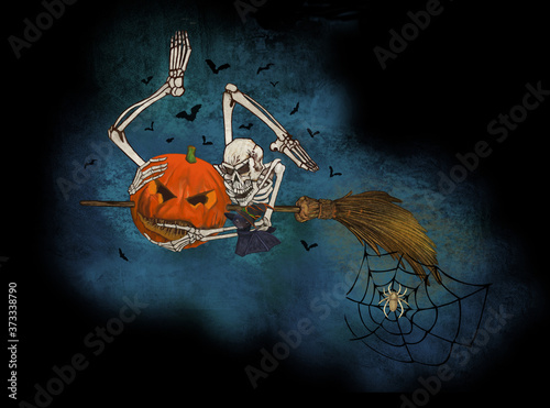 Ad halloween un pipistrello abbraccia il braccio di uno scheletro il quale abbraccia una zucca trafitta dal manico di una scopa volante photo
