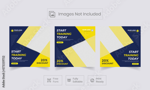Fitness gym social media post square banner template for fitness studio promotion. square vector stories template