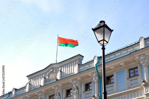 National flag on the building of the Embassy of the Republic of Belarus in Moscow.