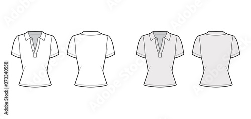 Polo shirt technical fashion illustration with cotton-jersey short sleeves, fitted body, buttons along the front. Flat outwear apparel template front back white grey color. Women men unisex top mockup