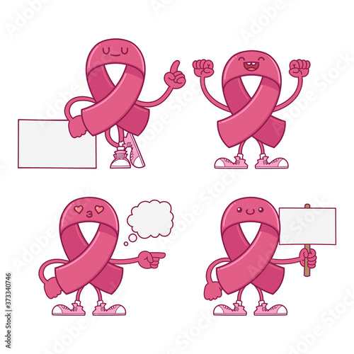 Pink breast cancer ribbon cartoon characters