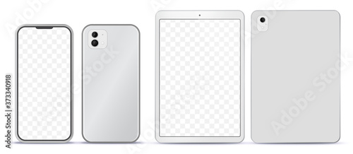 Silver Mobile Phone and Tablet Computer Mockup With Front and Back Side View. 