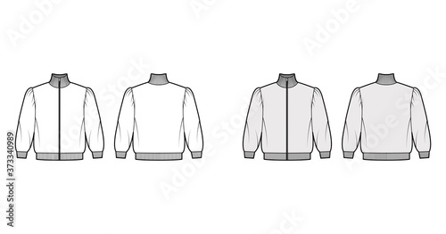 Zip-up turtleneck cropped cotton-terry sweatshirt technical fashion illustration with puffed shoulders, elbow sleeves. Flat jumper apparel template front back white grey color. Women, men unisex top