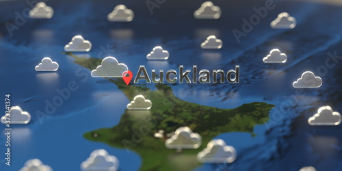 Cloudy weather icons near Auckland city on the map, weather forecast related 3D rendering