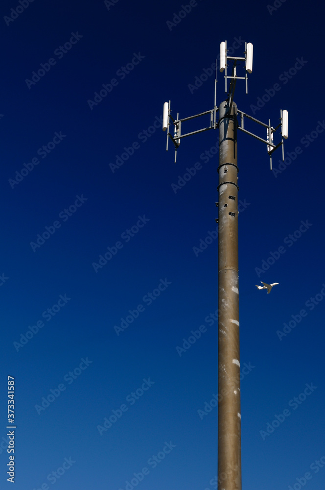 Cell phone communications tower against a blue sky with a jet plane taking off Cell phone communications tower against a blue sky with a jet plane taking off