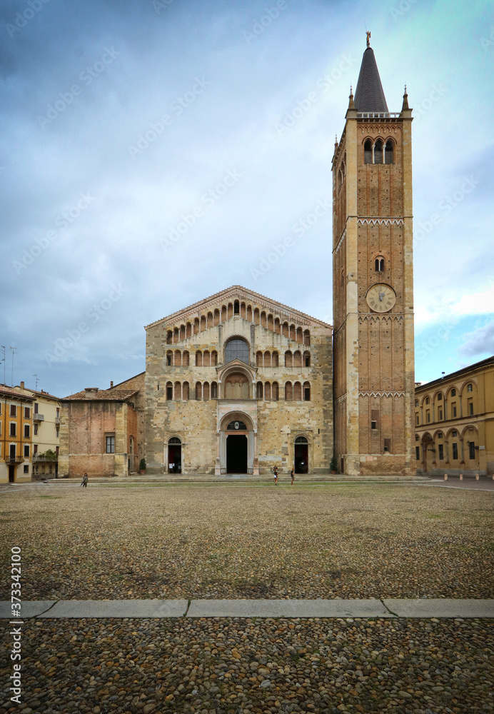 Parma, view of the romanic cathedral and the bell tower in the duomo square, Emilia Romagna, Italy, unesco world heritage