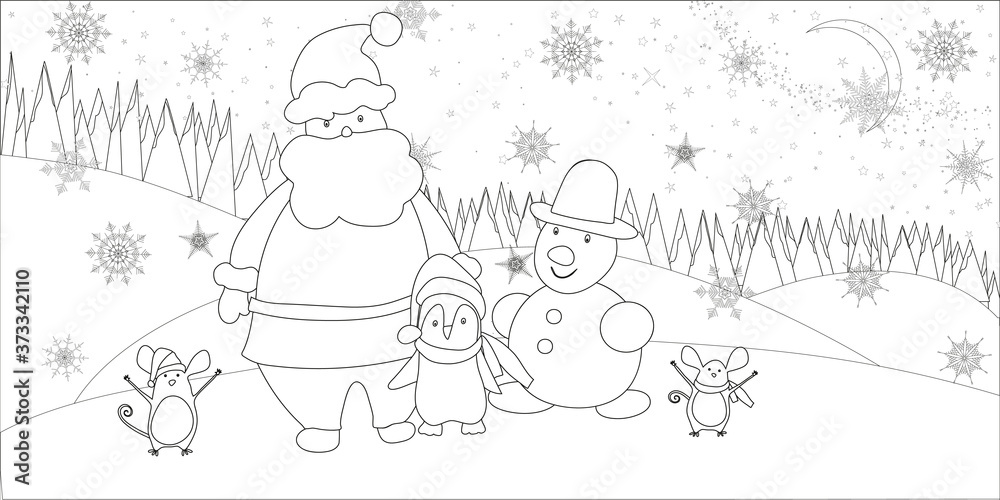 Christmas tree with ornaments and gifts. Christmas. New year. Coloring page for kids. Mouse, penguin, crescent moon. Vector.