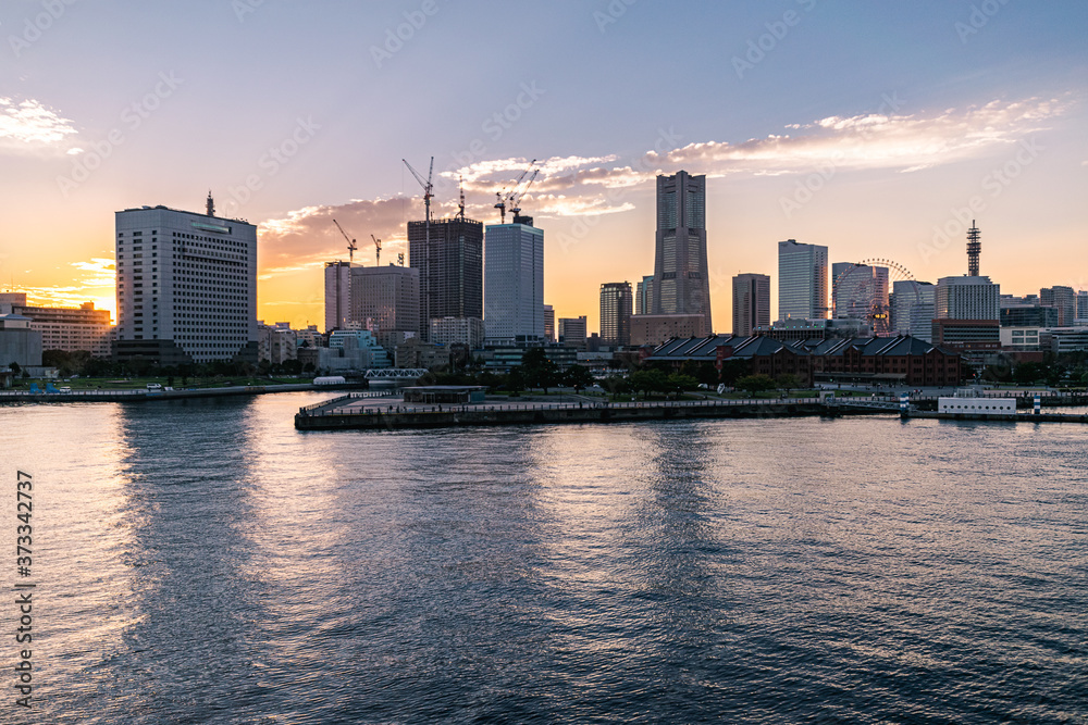 Yokohama port skyline at sunset.