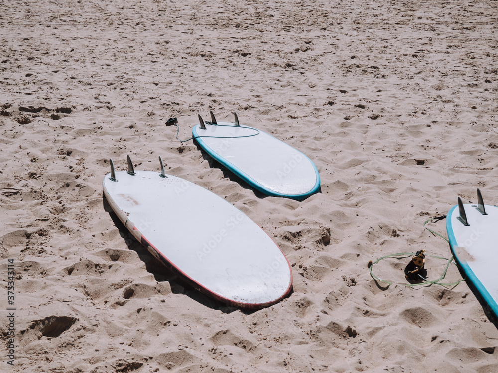 Tablas de surf en la arena bajo un sol radiante Tablas de surf en la arena bajo un sol radiante