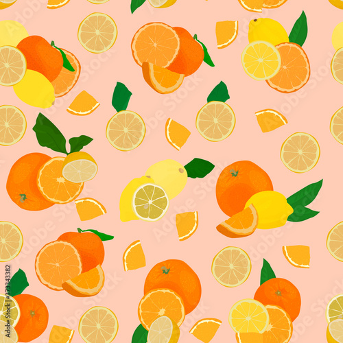 Fototapeta Naklejka Na Ścianę i Meble -  Orange and lemon vector. Recurring cute fruits. Timeless, feminine print. Trendy summer and winter background. Vector bright print for fabric or wallpaper.