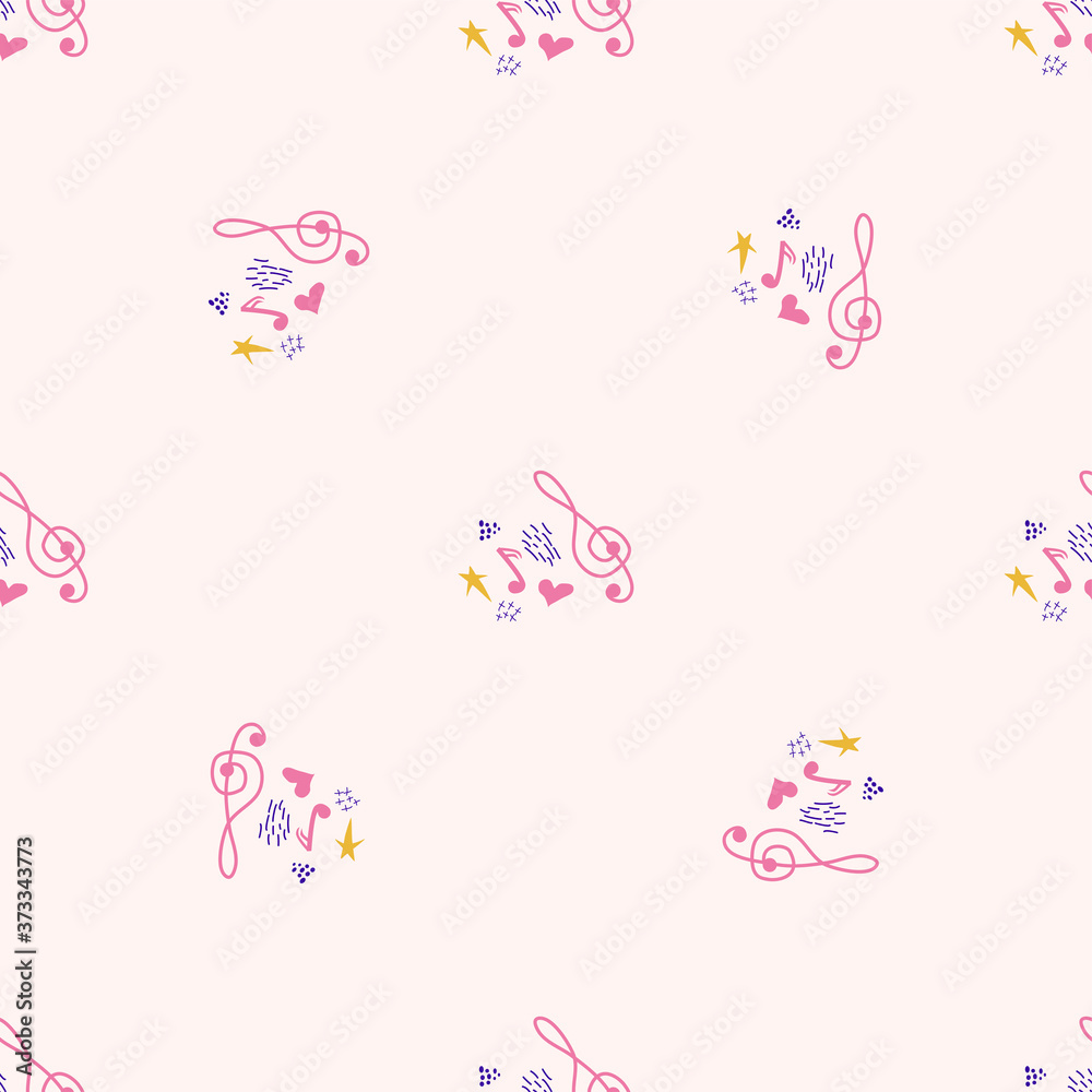 Cartoon cute doodles hand drawn Musical seamless pattern. Colorful detailed. Bright colors backdrop with music symbols and items Cartoon cute doodles hand drawn Musical seamless pattern. Colorful detailed. Bright colors backdrop with music symbols and items
