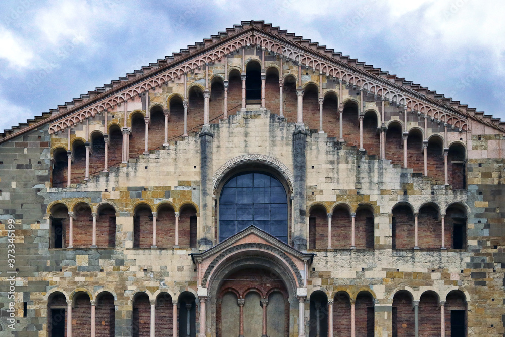 Parma, detailed front view of the cathedral, Duomo square, Emilia Romagna, Italy, unesco world heritage site