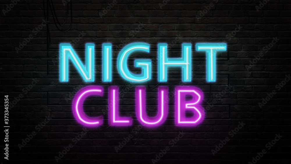 NIGHT CLUB sign emblem in neon style on brick wall background