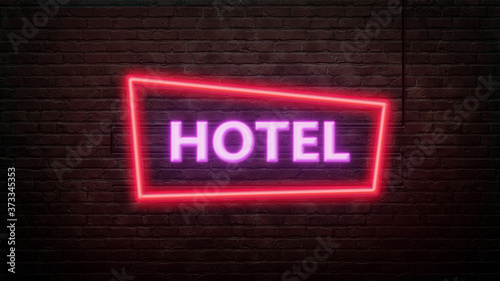 hotel sign emblem in neon style on brick wall background