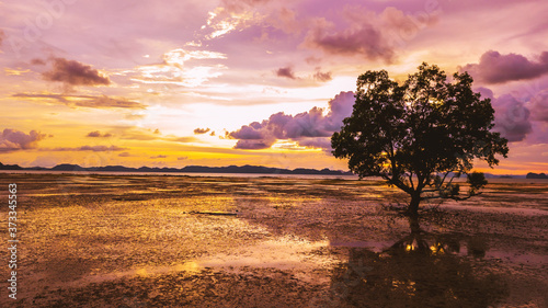 Low tide at the beach during sunset , Thailand