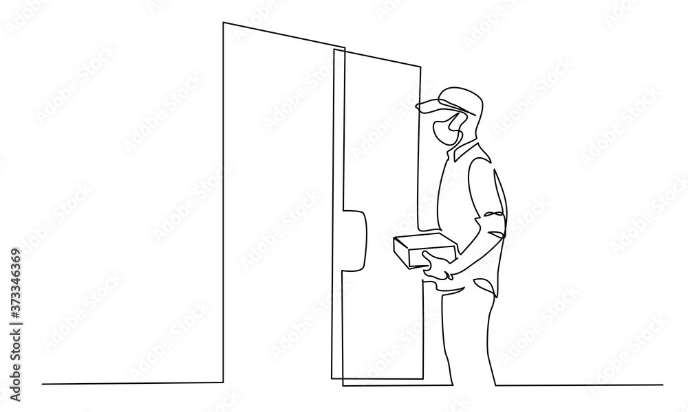 Delivery Courier with face mask near home door in time of coronavirus pandemic Delivery Courier with face mask near home door in time of coronavirus pandemic