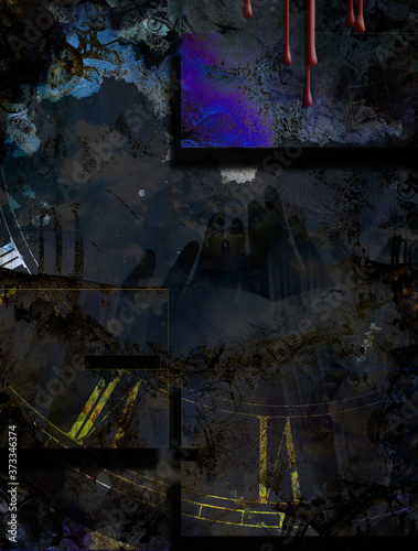 Fototapeta Naklejka Na Ścianę i Meble -  Grunge Dark Textured Manhattan Bridge Abstract. Clock face and eyes. 3D rendering