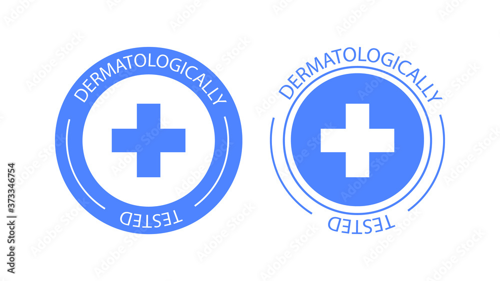 Dermatologically tested vector label logo. Dermatology test and dermatologist clinically proven icon for allergy free and healthy safe product package tag EPS