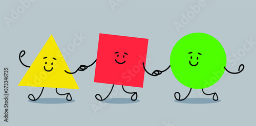 Geometric shapes triangle, square and circle go together. Cheerful figures in flat cartoon style. Vector illustration.