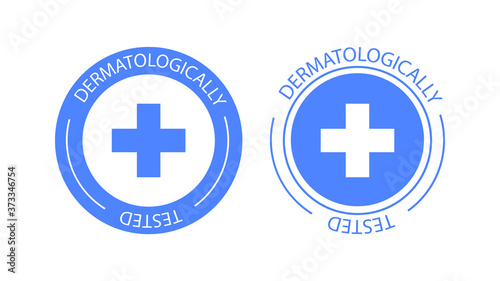 Dermatologically tested vector label logo. Dermatology test and dermatologist clinically proven icon for allergy free and healthy safe product package tag EPS photo