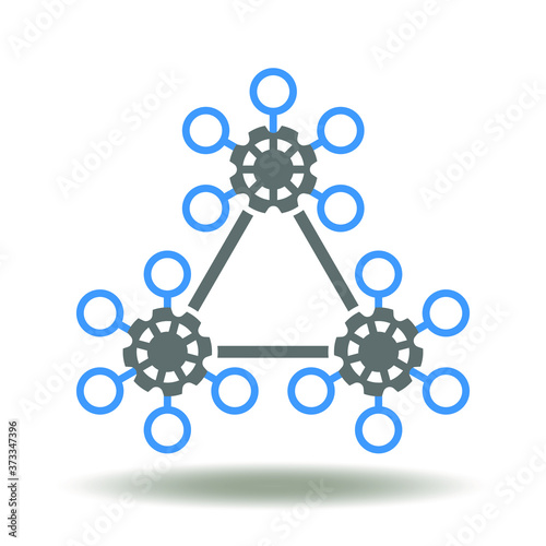 Gears with circle and line structural scheme icon vector. Networking Technology Structure Symbol. Decentralization Logo.