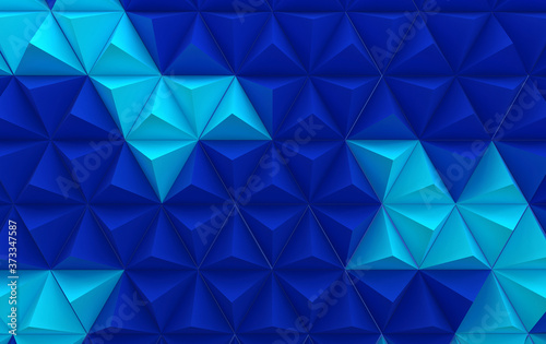 Abstract wall with triangular shapes in blue, 3d render