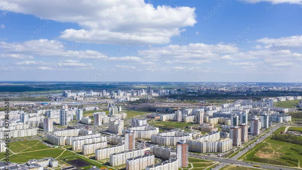 Aerial bird-eye view cityscape. Townscape view in Minsk, hyperlapse. Aerial bird-eye view cityscape. Townscape view in Minsk, hyperlapse.