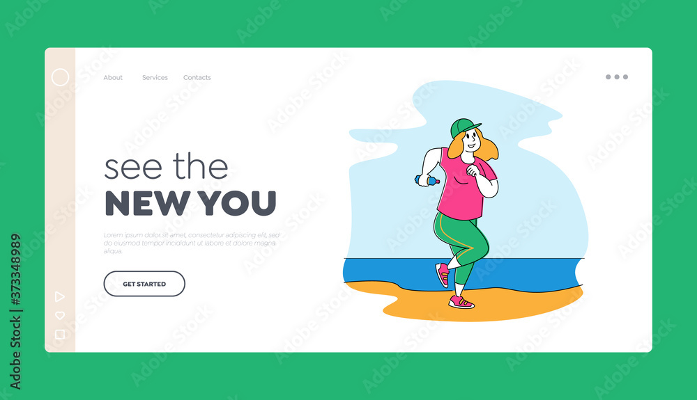 Fototapeta premium Overweight Woman Character Healthy Sport Life Landing Page Template. Fat Girl in Sports Wear Running on Beach, Fitness