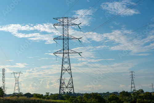 High current voltage towers in Colombian landscape
