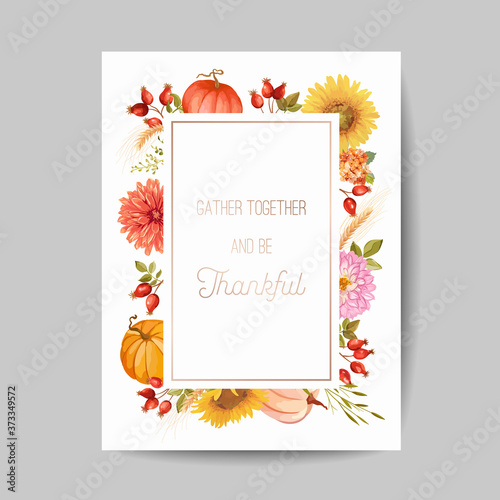 Thanksgiving day greeting, invitation card, flyer, banner, poster template. Autumn pumpkin, flower, leaves, floral design elements. Vector illustration