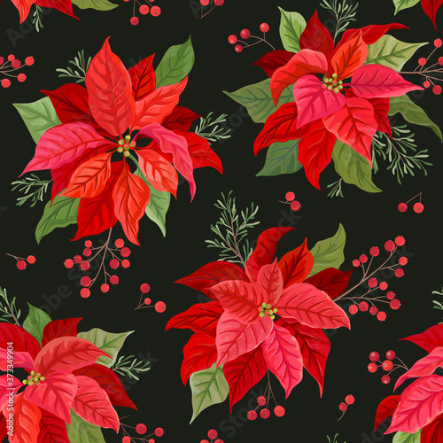 Christmas seamless pattern with Winter flower, Poinsettia, Mistletoe, branches of Rowan tree with Berries. Hand drawn floral vector illustration for wrapping paper, textile, fabric, print, wallpaper