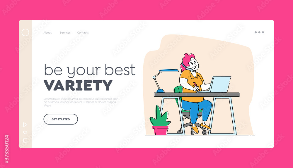 Bodypositive, Femininity Landing Page Template. Corpulent Woman Sitting at Office Desk Working on Laptop, Enjoy Life Bodypositive, Femininity Landing Page Template. Corpulent Woman Sitting at Office Desk Working on Laptop, Enjoy Life
