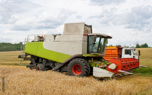 Collecting wheat grain with a modern combine, unloading seeds into a truck. Harvesting grain crops with a combine harvester on the field, background of trees and blue sky with clouds. Banner site