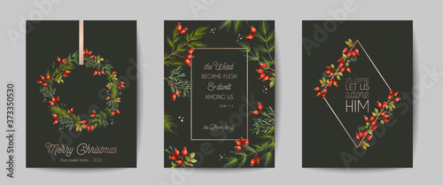 Set of Elegant Merry Christmas and New Year 2021 Cards with Pine Branches, Holy Berry, Mistletoe, Winter floral plants design illustration, greetings, invitation 2020, flyer, brochure, cover in vector