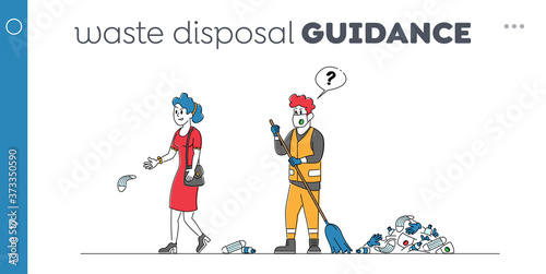 Janitor in Respirator Sweeping Rubbish on Street Landing Page Template. Female Character Throw Covid Waste on Street