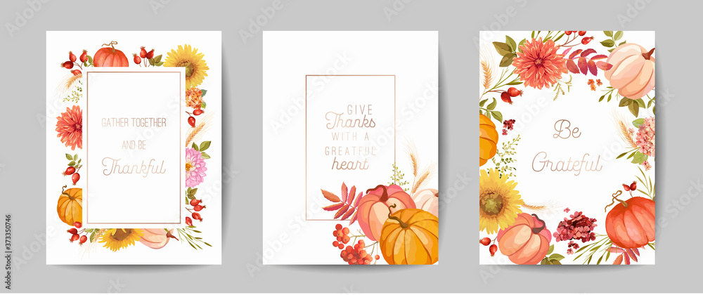 Set of Thanksgiving Day greeting, invitation card, flyer, banner, poster template. Autumn pumpkin, flower, leaves, floral design elements. Vector illustration