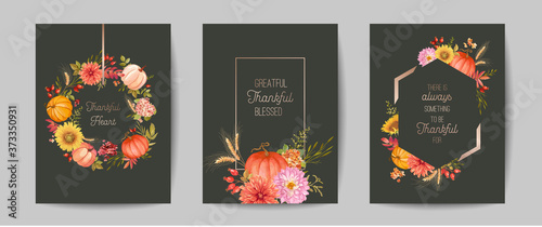 Set of Thanksgiving Day greeting, invitation card, flyer, banner, poster template. Autumn pumpkin, flower, leaves, floral design elements. Vector illustration