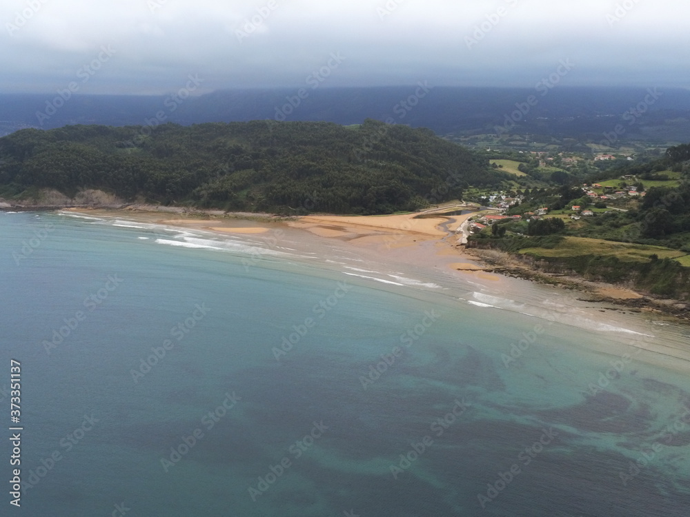 Beautiful beach in Lastres. Asturias. Colunga, Spain. Aerial Drone Photo