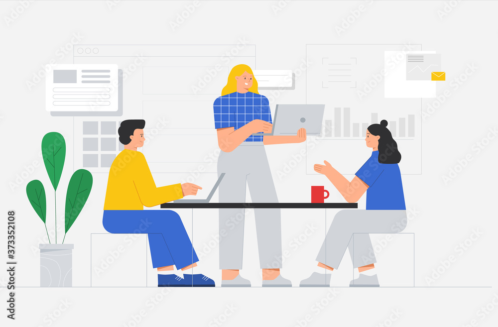 Business team or office workers talk to colleagues about a new startup project or presentation. Vector illustration in flat style. oncept team brainstorming, programming, creating a new product.