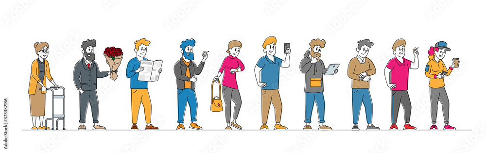 Customer Stand in Line at Grocery or Supermarket Queue with Goods. People Shopping Holding Smartphones in Hands