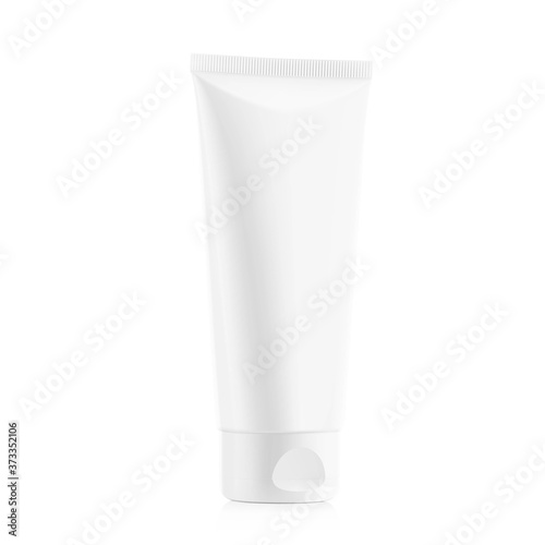 Blank plastic tube mockup for cosmetics with cap. Perspective view. Vector illustration isolated on white background. Can be use for your design, advertising, promo and etc. EPS10.