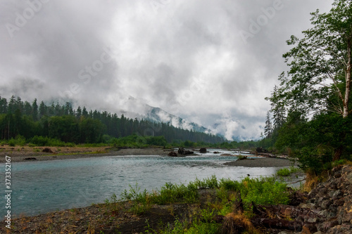 Foggy morning over the Hoh River in the Hoh Rain Forest in Olympic National Park