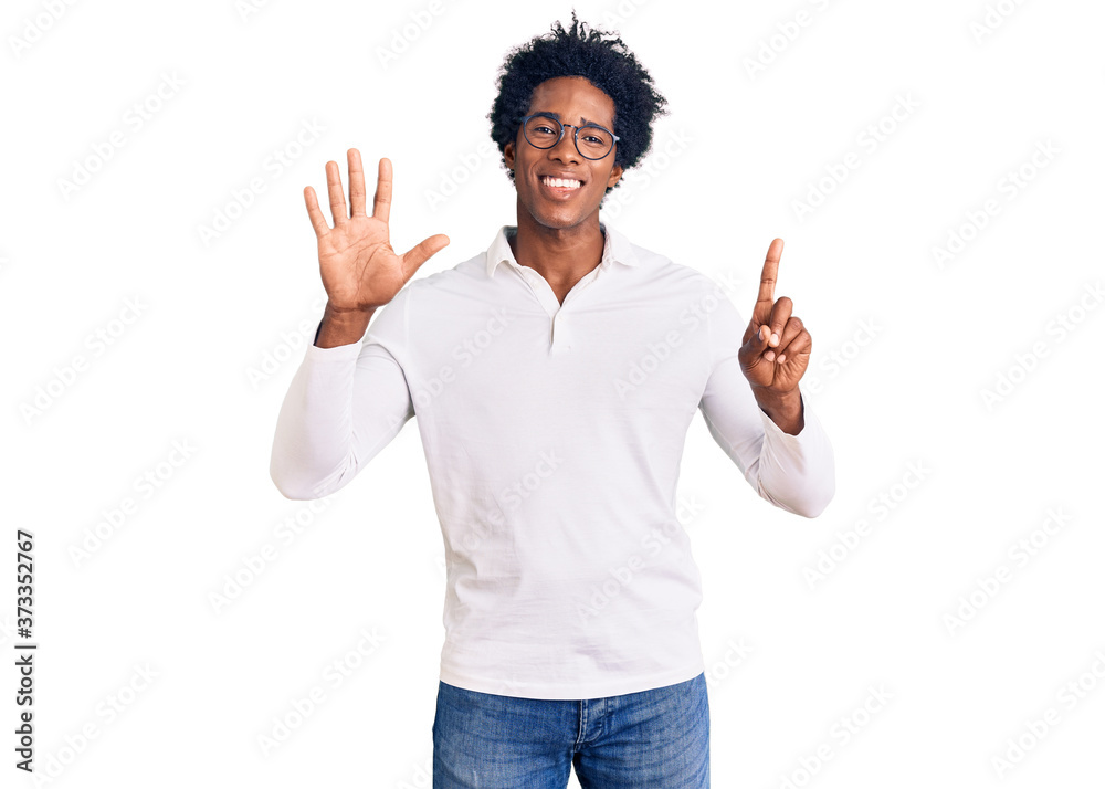 Handsome african american man with afro hair wearing casual clothes and glasses showing and pointing up with fingers number six while smiling confident and happy. Handsome african american man with afro hair wearing casual clothes and glasses showing and pointing up with fingers number six while smiling confident and happy.