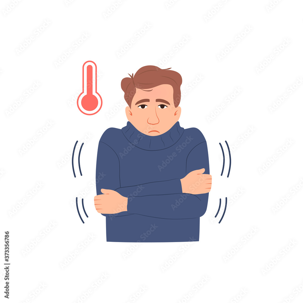 Sick person portrait isolated flat icon. Man in fever with high temperature, thermometer sign. Flu virus cold coronavirus symptom. Character in sweat. Cartoon medical infographic vector illustration. Sick person portrait isolated flat icon. Man in fever with high temperature, thermometer sign. Flu virus cold coronavirus symptom. Character in sweat. Cartoon medical infographic vector illustration.