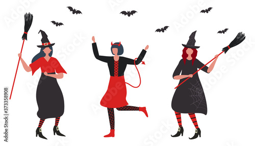 Halloween party. Witches and imp dancing. Young woman in imp costume. Two women in witch costumes with brooms. There are also bats in the picture. People are celebrating Halloween. Vector